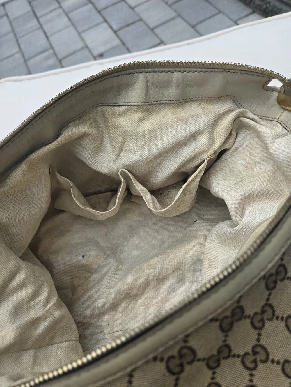 Gucci Tan GG Canvas Satchel with Light Tan Leather Trim